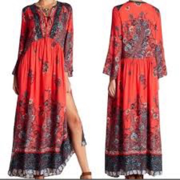 Free People  If Only you Knew Red Bohemian Maxi Dress L - Picture 2 of 8